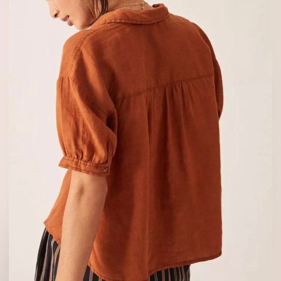Anthropologie Pilcro brown linen surf button down shirt size: M - Picture 2 of 10